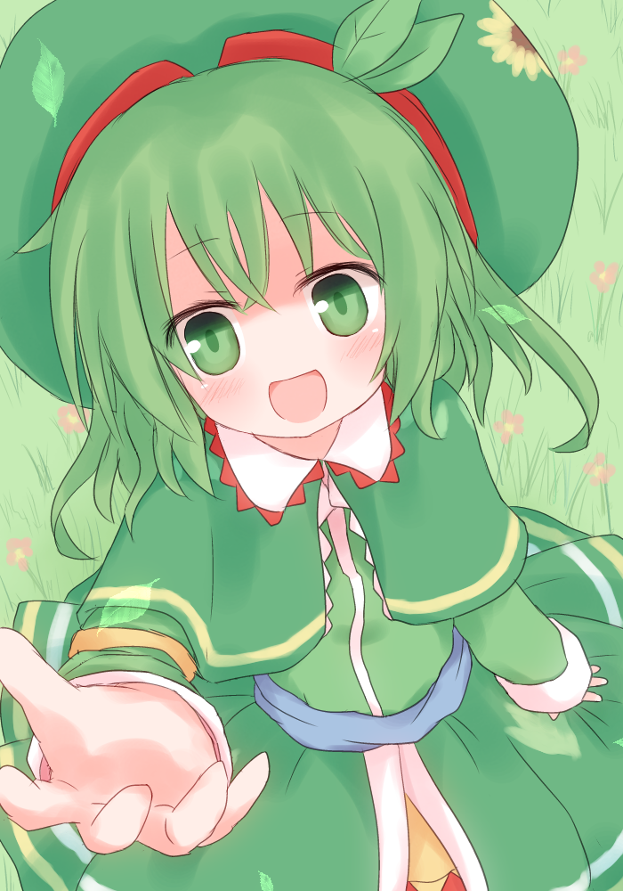 :d, flower, from_above, green_eyes, green_hair, hat, leaf, leaf_on_head