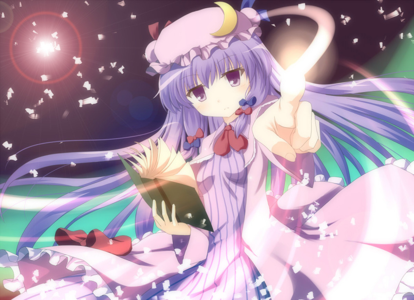 book, bow, breasts, crescent, dress, francis_(ohne), hair_bow, hat