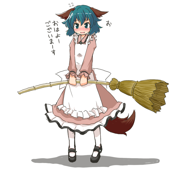 [], alternate_costume, animal_ears, apron, aqua_eyes, aqua_hair, bamboo_broom, blush