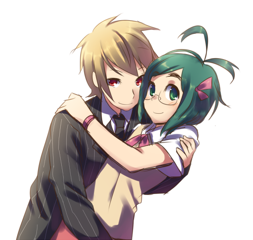 1girl, androgynous, antenna_hair, blonde_hair, blush, formal, glasses, green_eyes, green_hair, hakamichi_hideaki, holding, hug, incest, katawa_shoujo, looking_at_viewer, lowres, necktie, pant_suit, pinstripe_pattern, red_eyes, reverse_trap, ribbon, satou_akira, school_uniform, short_hair, simple_background, smile, suit, sweater_vest, tomboy, trap, weee_(raemz)