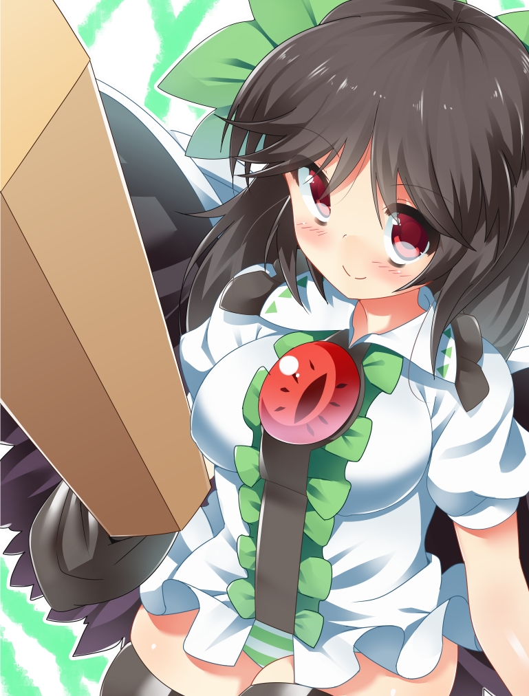 arm_cannon, black_hair, black_legwear, black_wings, blush, bow, brown_hair, cape