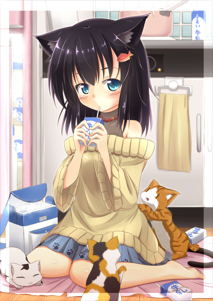 animal_ears, bare_shoulders, barefoot, black_hair, blue_eyes, blush, cat, cat_ears, cat_tail, collar, cooler, drinking, fish, hair_ornament, kitchen, milk, original, oversized_clothes, pot, refrigerator, rinku, short_hair, sitting, solo, sweater, tail