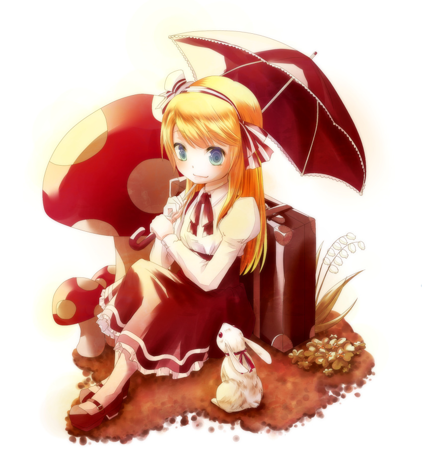 aqua_eyes, blonde_hair, bunny, flower, hair_ribbon, highres, long_hair, long_sleeves, luggage, mary_janes, mushroom, on_ground, original, oversized_object, plant, puffy_sleeves, rabbit, red_ribbon, ribbon, shinonome_ryou, shoes, simple_background, sitting, skirt, solo, umbrella, white_background, white_legwear
