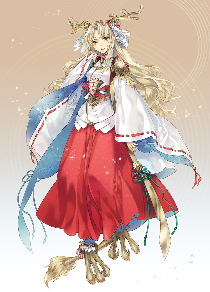 ashi, blonde_hair, brown_eyes, claws, dragon_girl, dragon_horns, hakama, horns, japanese_clothes, long_hair, looking_at_viewer, miko, original, simple_background, smile, very_long_hair, yellow_eyes