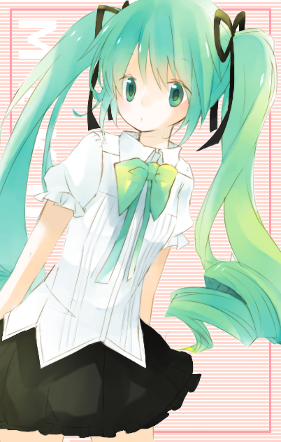 bowtie, green_eyes, green_hair, hair_ribbon, hatsune_miku, long_hair, ribbon, skirt