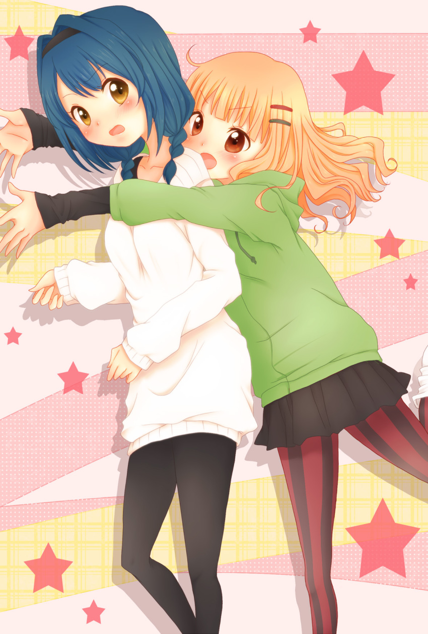 blonde_hair, blue_hair, braid, brown_eyes, casual, collarbone, furutani_himawari, hair_intakes