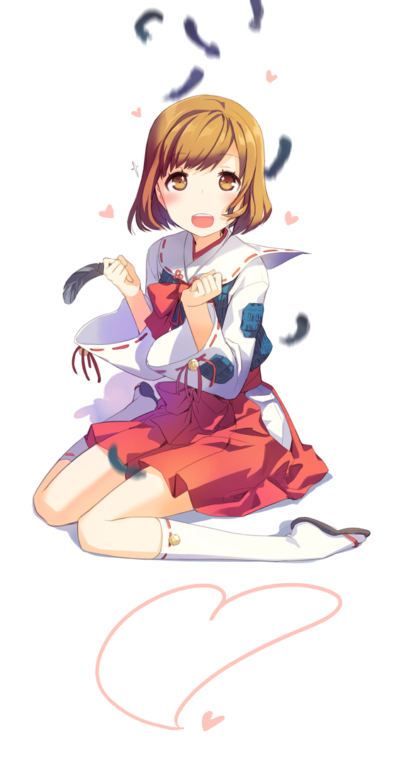 blush, bow, brown_eyes, brown_hair, feathers, h2so4, hakama, hakama_skirt