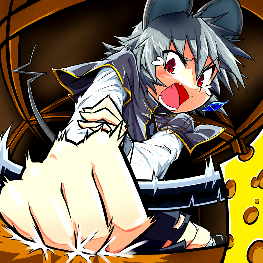 animal_ears, caught, cheese, grey_hair, mouse_ears, mouse_tail, mouse_trap, mousetrap, nazrin, r-18_jii, red_eyes, shouting, solo, tail, touhou