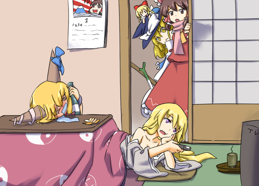 blonde_hair, bow, brown_hair, doll, drunk, food, fruit, hakurei_reimu
