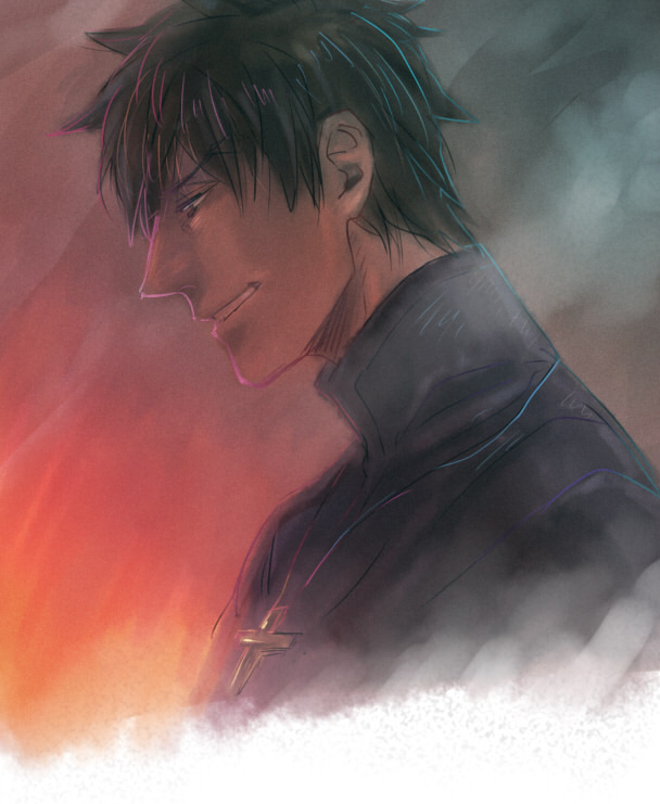brown_eyes, brown_hair, cross, cross_necklace, fate/stay_night, fate/zero, fate_(series), fire, jewelry, kotomine_kirei, male, necklace, omty, priest, profile, solo