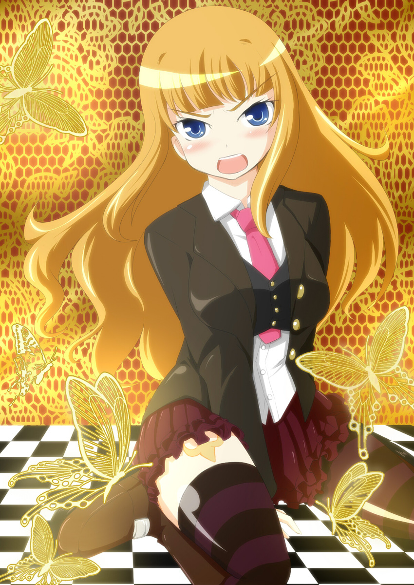 beatrice, blonde_hair, blue_eyes, blush, boots, breasts, butterfly, checkered