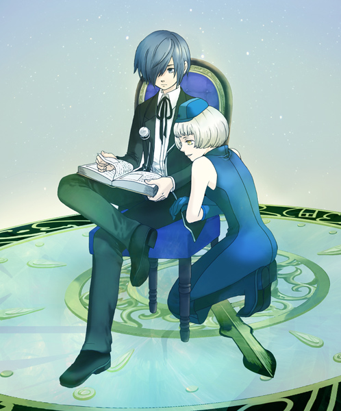1girl, arisato_minato, blue_eyes, blue_hair, book, duplicate, elevator_attendant, elizabeth, elizabeth_(persona), hair_over_one_eye, hat, headphones, pantyhose, persona, persona_3, short_hair, smile