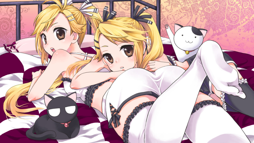 atop, bed, bell, bell_collar, blonde_hair, bloomers, brown_eyes, buna-shimeji_(lemon), camisole, cat, collar, feet, frilled_thighhighs, frills, hair_ornament, hair_ribbon, hairclip, highres, jingle_bell, kirishima_akari, kirishima_kotone, lingerie, long_hair, lying, noir_(nyan_koi), nyan_koi!, on_stomach, ribbon, siblings, tama_(nyan_koi), thighhighs, twins, twintails, underwear