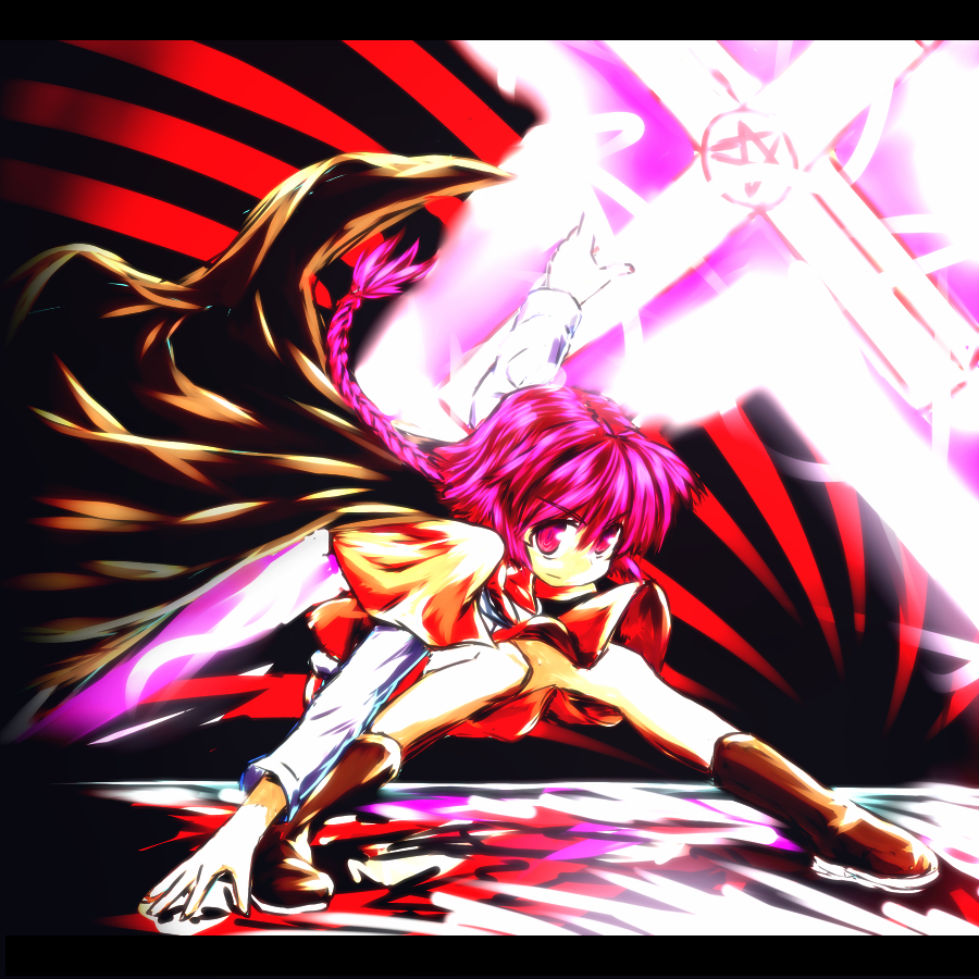 braid, letterboxed, okazaki_yumemi, purple_eyes, purple_hair, r-18_jii, solo, squatting
