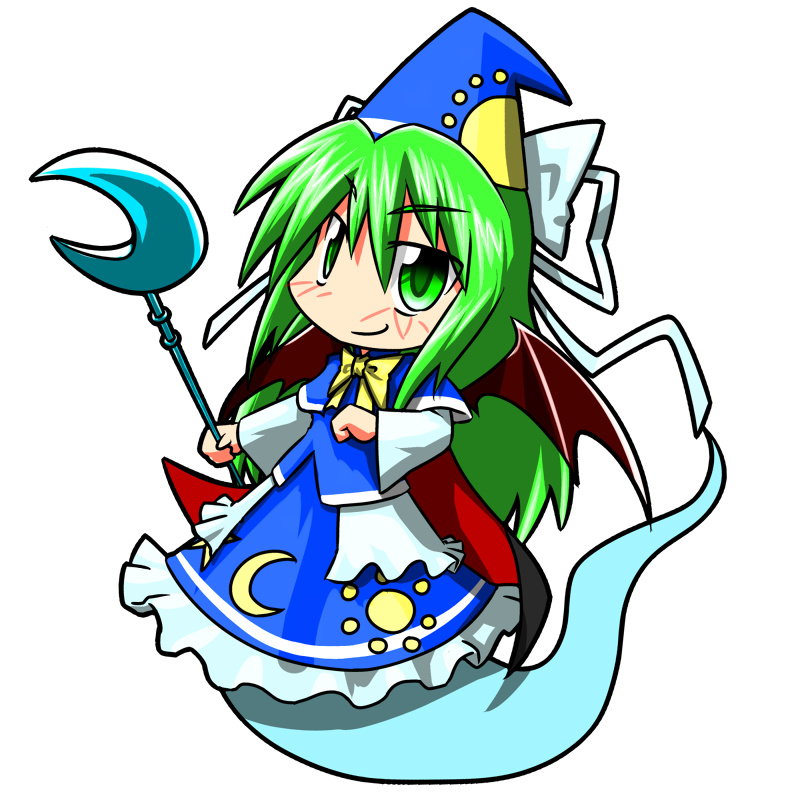 blush, green_eyes, green_hair, hat, long_hair, mima, r-18_jii, solo, staff, touhou, touhou_(pc-98), transparent_background, wings