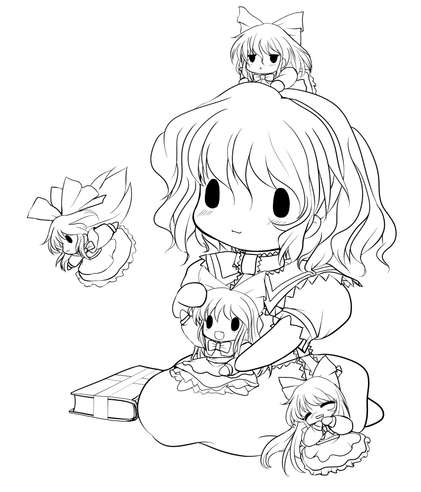 absurdres, alice_margatroid, blush, bow, doll, hair_bow, highres, lineart, long_hair, monochrome, shanghai_doll, smile, solid_black_thumbnail, touhou, transparent_background, yume_shokunin