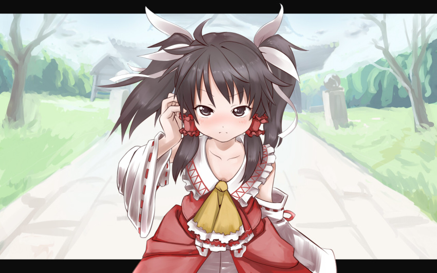 alternate_hairstyle, ascot, black_eyes, black_hair, blush, detached_sleeves, hair_ribbon, hair_tubes