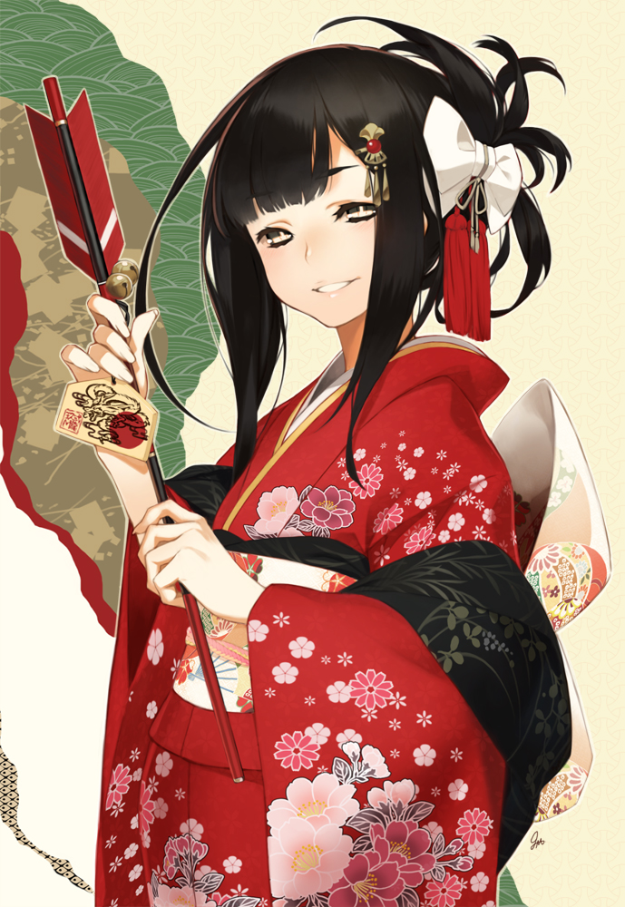 92m, arrow, bell, black_hair, bow, ema, floral_print, green_eyes