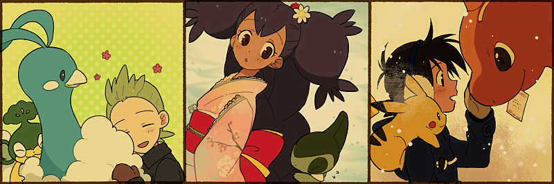 1girl, 2boys, altaria, axew, bad_id, black_hair, child, dark_skin