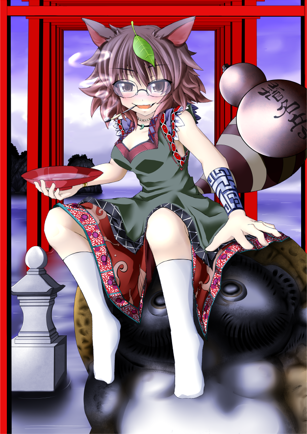 animal_ears, bad_id, bracelet, brown_eyes, brown_hair, dress, fang, futatsuiwa_mamizou