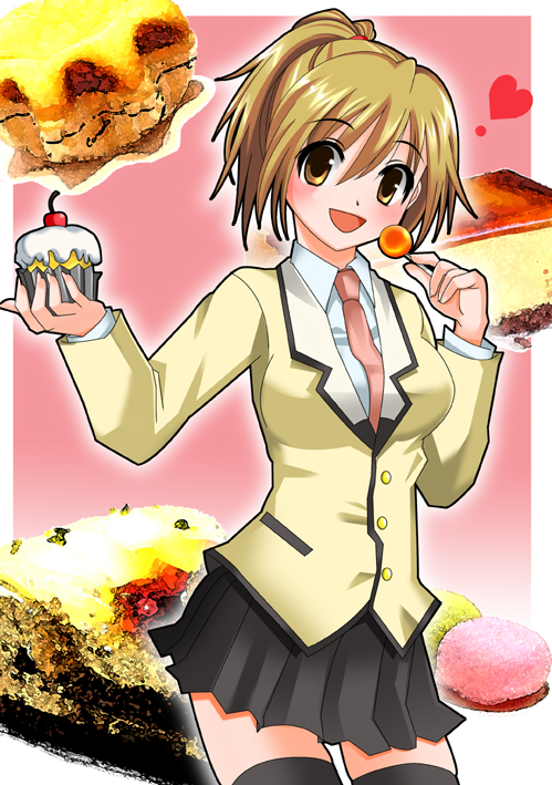 asahana_jun, black_dress, black_legwear, blush, brown_hair, cake, candy, cupcake