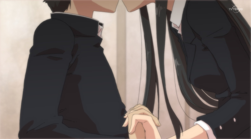brand_name_imitation, couple, fake_screenshot, female_protagonist_(houkago_play), head_out_of_frame, highres, houkago_play, interlocked_fingers, kiss, long_hair, male_protagonist_(houkago_play), maru_(314), profile, school_uniform, tv_tokyo