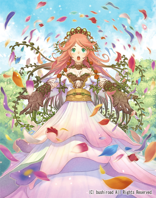 :o, cardfight!!_vanguard, choker, cloud, dress, flower, gloves, green_eyes, maiden_of_blossom_rain, neo_nectar, open_mouth, petals, pink_hair, rose, sky, terumii, thorns, tree, vines