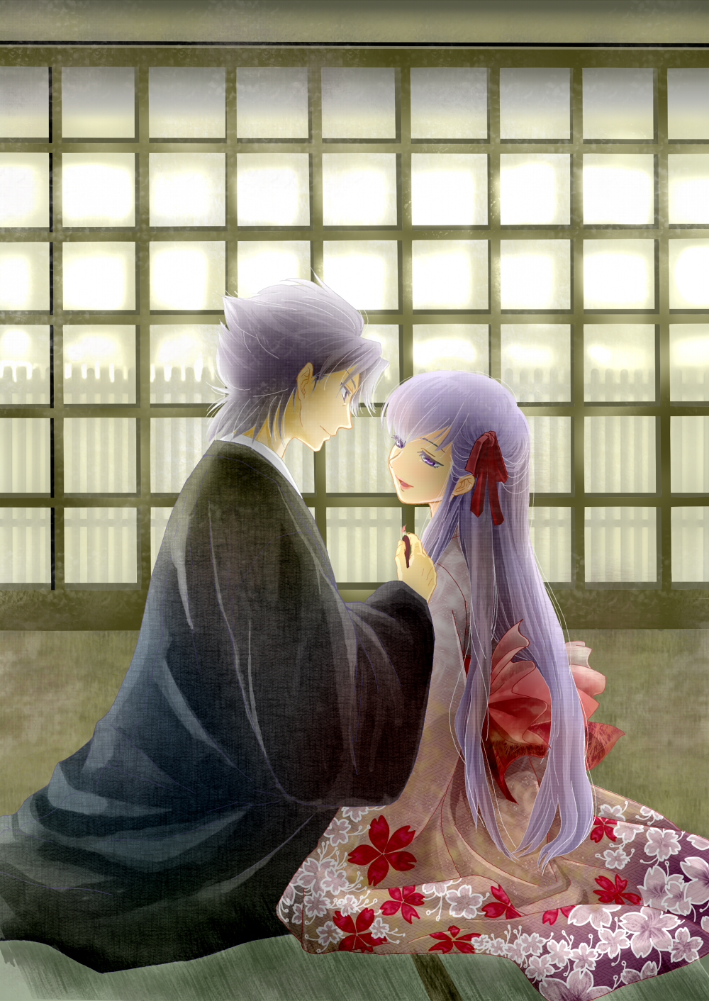 1girl, fate/stay_night, fate/zero, fate_(series), floral_print, hair_ribbon, highres, japanese_clothes