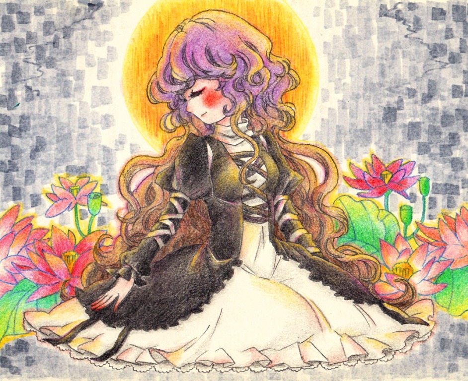 blush, brown_hair, closed_eyes, eyes_closed, flower, gradient_hair, halo, hijiri_byakuren