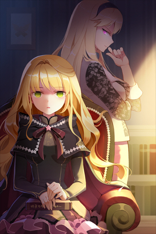 arm_up, armchair, bangs, blonde_hair, book, bookshelf, bow, butterfly