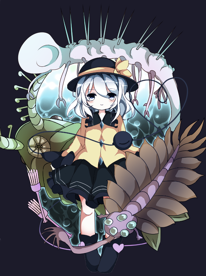 anomalocaris, blush, eyeball, green_eyes, green_hair, hallucigenia, hat, heart