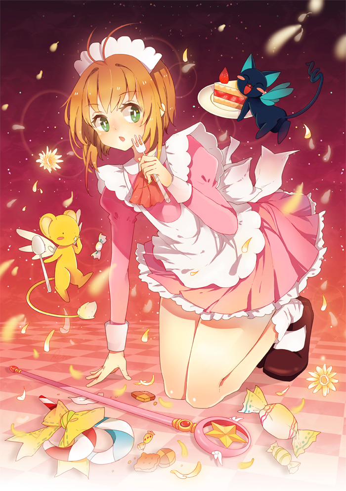 antenna_hair, apron, arm_support, ascot, blush_stickers, bow, brown_hair, cake