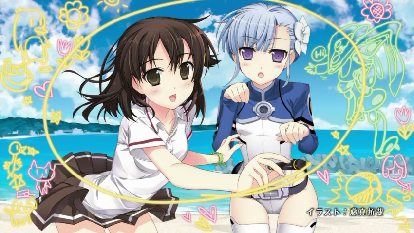 :d, :o, belt, blue_hair, bodysuit, bracelet, brown_eyes, brown_hair