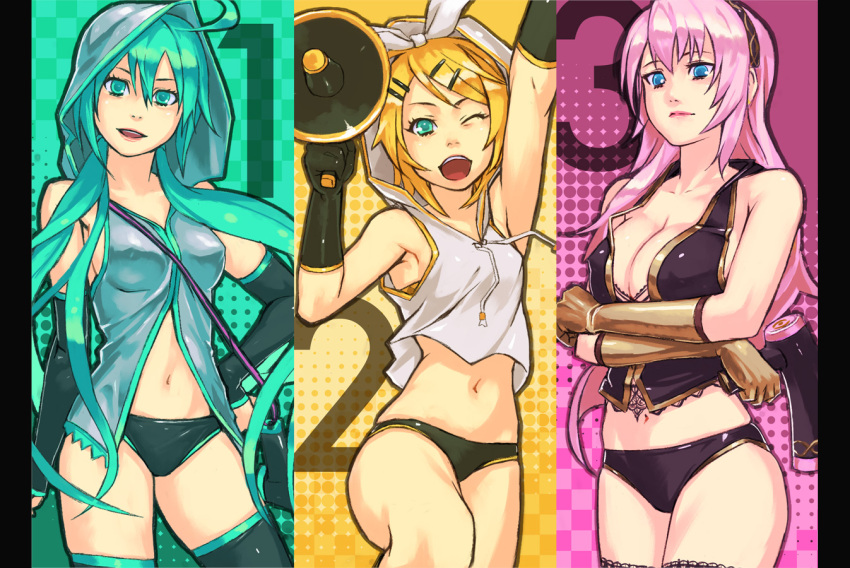 and, and_(artist), aqua_eyes, aqua_hair, blonde_hair, blue_eyes, breasts, cleavage, detached_sleeves, hatsune_miku, hood, kagamine_rin, megaphone, megurine_luka, multiple_girls, navel, no_pants, pink_hair, thighhighs, vocaloid, wink