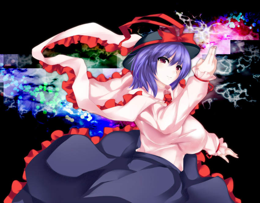 arm_up, cube_(circussion), hat, hat_ribbon, lightning, long_skirt, nagae_iku, purple_hair