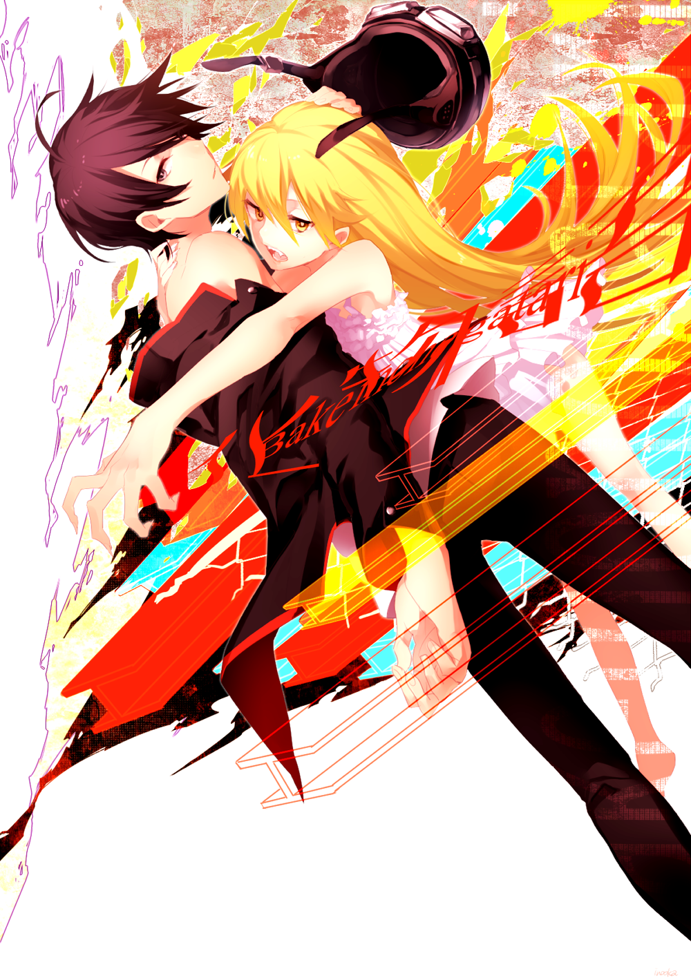1girl, araragi_koyomi, bakemonogatari, bare_legs, bare_shoulders, barefoot, black_eyes, black_hair
