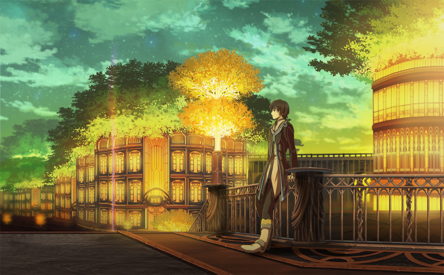 bad_id, black_hair, cityscape, hatomugi_(hato3pp), jude_mathis, male, scenery, sky, solo, tales_of_(series), tales_of_xillia, tree
