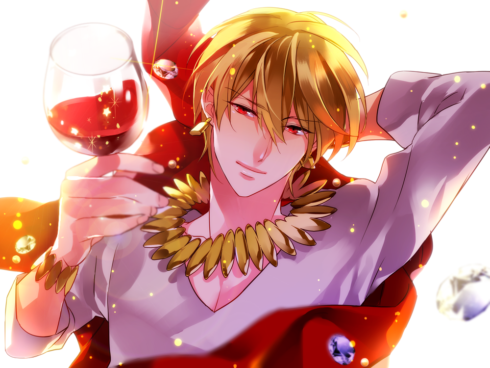 blonde_hair, bracelet, casual, cloak, cup, fate/zero, fate_(series), gem