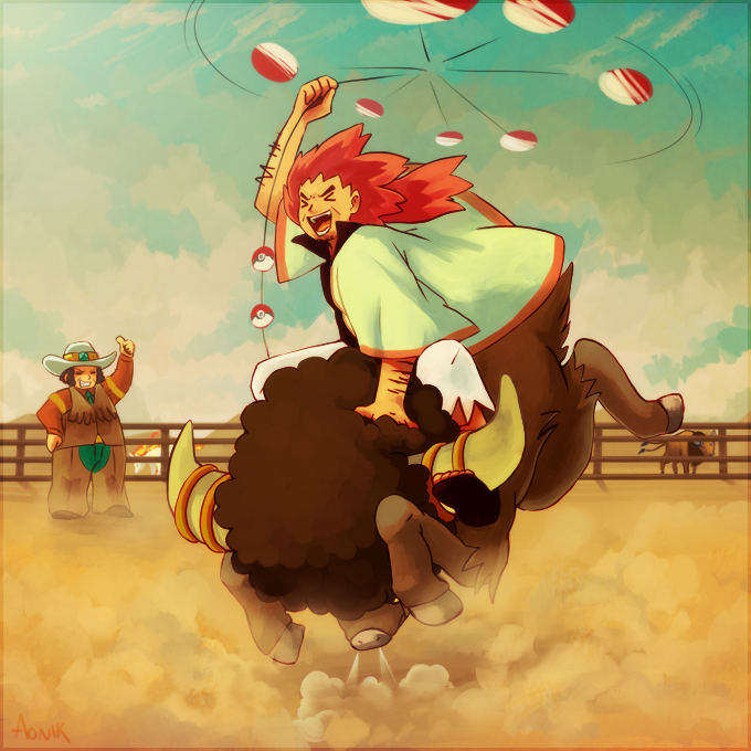 adeku_(pokemon), aonik, bouffalant, cloud, cowboy, cowboy_hat, dust, grin