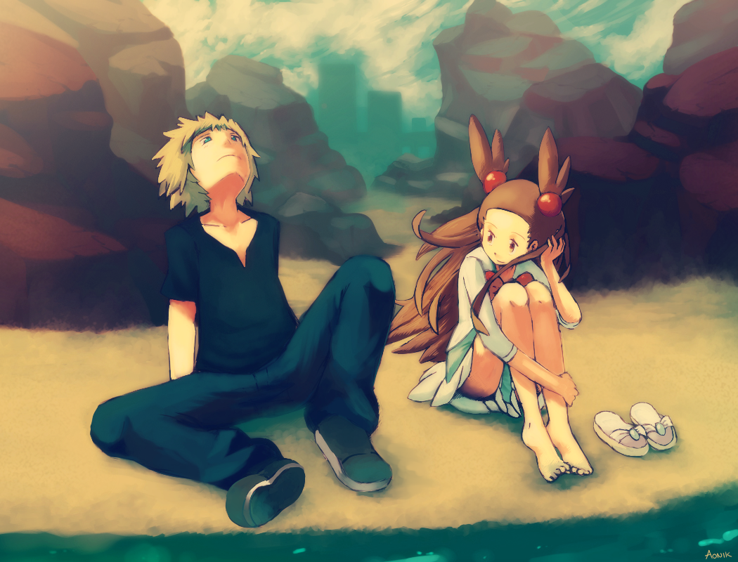 bare_legs, barefoot, beach, blonde_hair, blue_eyes, brown_eyes, brown_hair, denji_(pokemon)