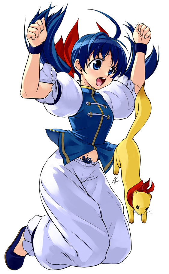 blue_eyes, blue_hair, chinese_clothes, fatal_fury, ferret, futaba_hotaru, hair_ribbon, itokatsu_(garou)