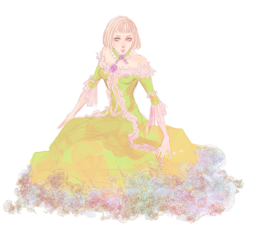 blonde_hair, bob_cut, choker, cocarda, dress, farnese, flower, frills