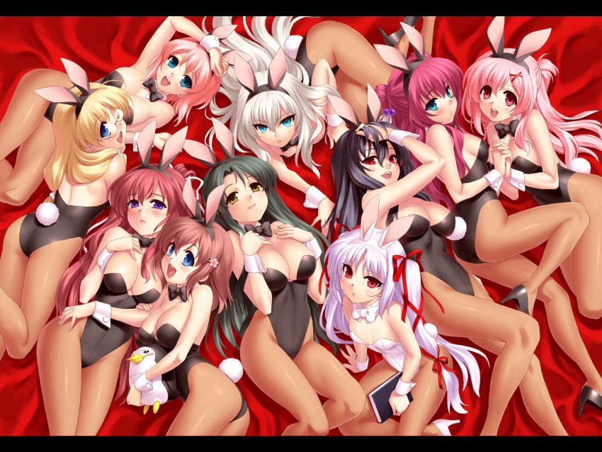 11eyes, 6+girls, animal_ears, ass, azuma_shione, bird, black_hair, blonde_hair