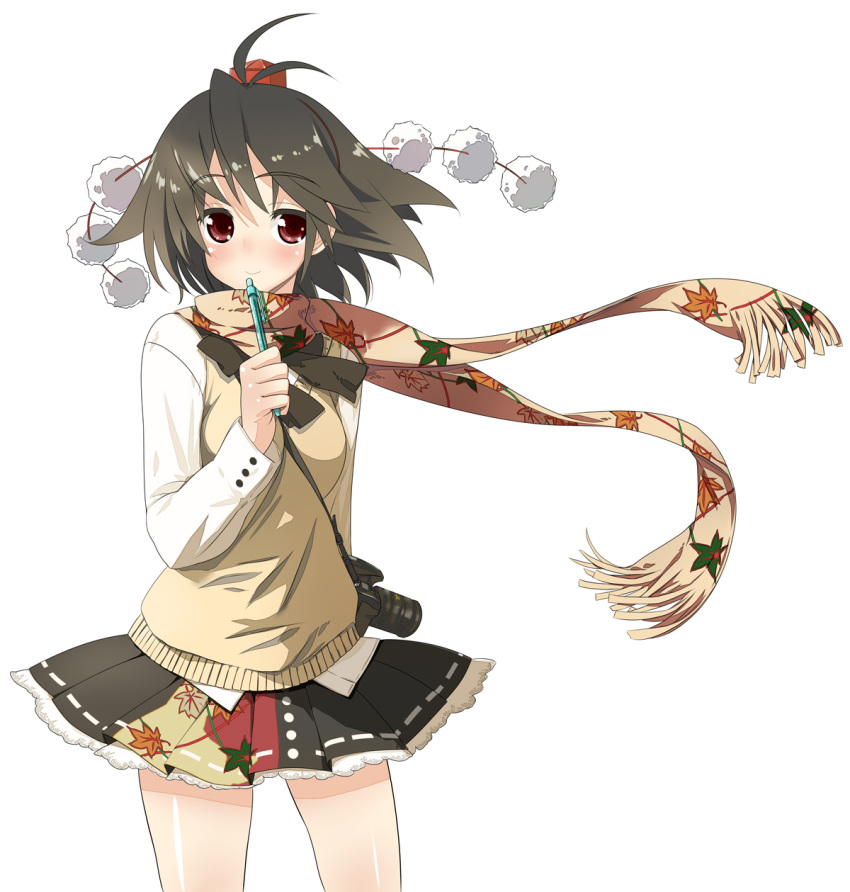 alternate_costume, brown_hair, camera, contemporary, hat, highres, mahan, miniskirt