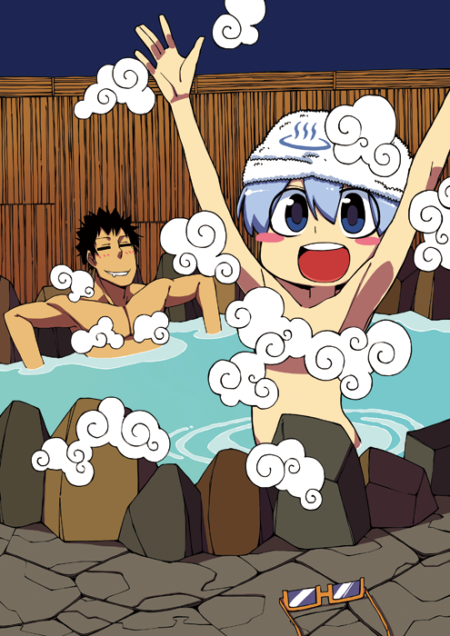 arms_up, bare_shoulders, black_hair, blue_eyes, blue_hair, blush, blush_stickers, censored