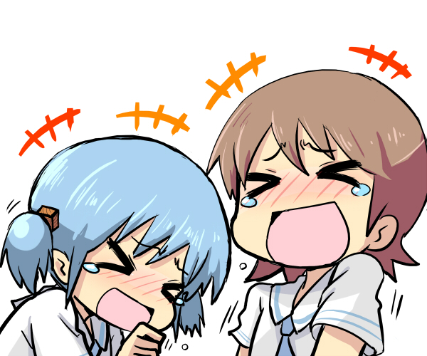 aioi_yuuko, b3, blue_hair, blush, brown_hair, hair_cubes, hair_ornament, laughing