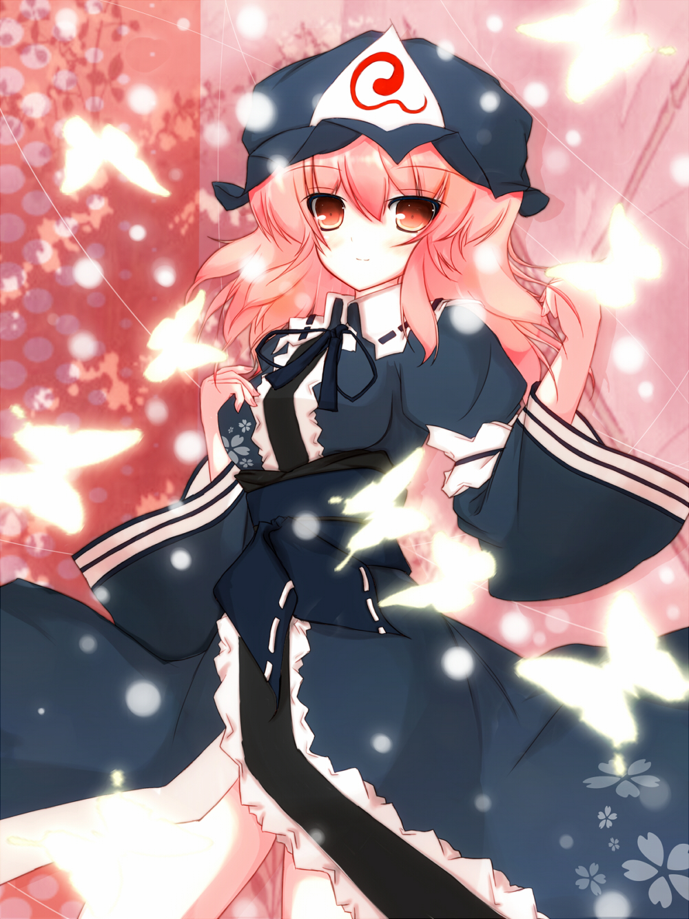 bad_id, breasts, butterfly, hat, highres, japanese_clothes, long_hair, obi
