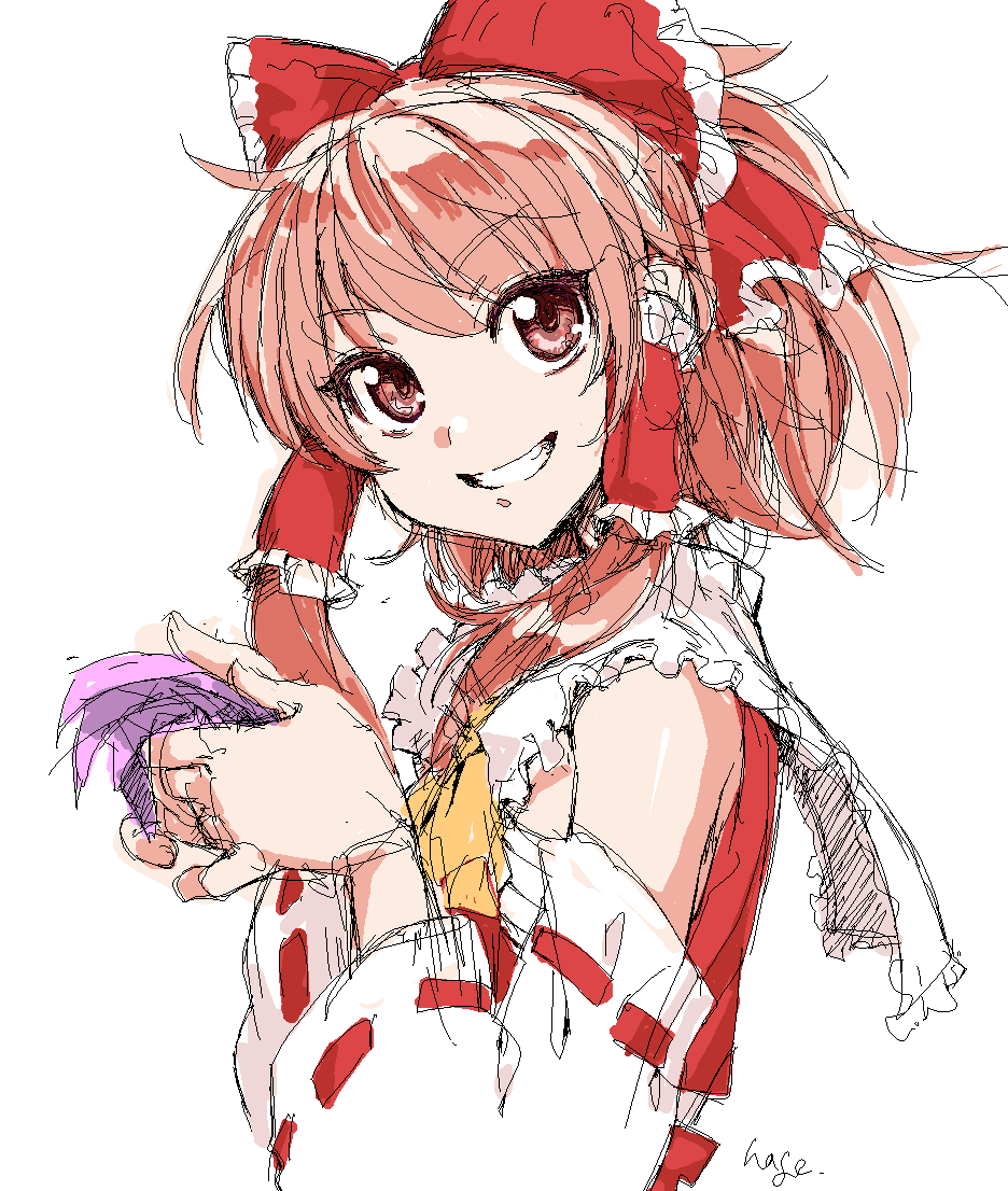 ascot, bare_shoulders, bow, brown_hair, bust, detached_sleeves, face, grin