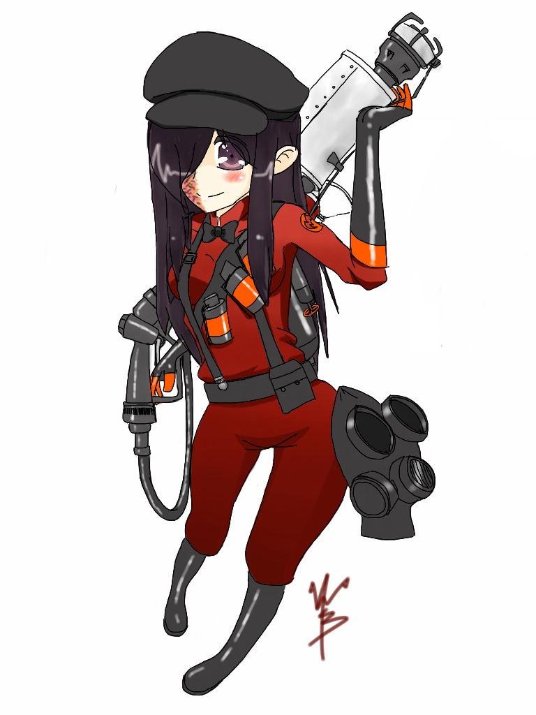 cosplay, flamethrower, gas_mask, hair_over_one_eye, hat, ikezawa_hanako, katawa_shoujo, lolicage