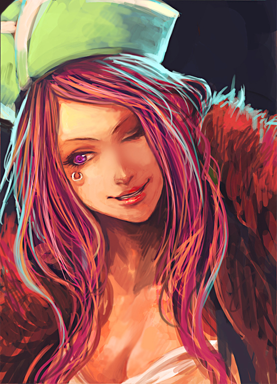 breasts, bust, cleavage, fur_coat, jewelry_bonney, jewelry_bonnie, large_breasts, long_hair